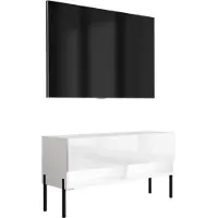 3Xeliving Meuble TV bas de 100 cm, finition blanc mat / blanc brillant, pieds noirs droits, éclairage LED blanc