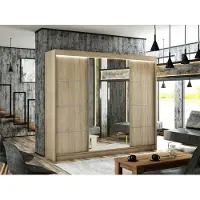 MargaretHadas24 Armoire Padwa 250 cm avec 3 portes coulissantes et miroir, tringle à vêtements, penderie, armoire, livraison à domicile (couleur : chêne sonoma et façade chêne sonoma)