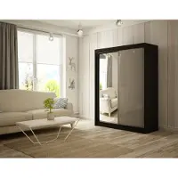 MargaretHadas24 Armoire Venus 150 cm avec 2 portes coulissantes et miroir Livraison à domicile Tringle à vêtements Penderie Armoire (couleur : noir, lacobel gris)