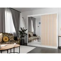 MargaretHadas24 Armoire Lili à lamelles 200 cm avec 2 portes coulissantes Armoire à portes coulissantes Tringle à vêtements Penderie Armoire Livraison à domicile (couleur : blanc, blanc, lamelles wotan, miroir)