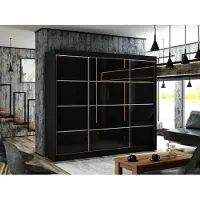 MargaretHadas24 Armoire Porto III 250 cm avec 3 portes coulissantes Livraison à domicile Tringle à vêtements Penderie Armoire (couleur : noir, lacobel noir, barreaux)