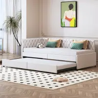 CDGlobal Canapé-lit 90x200cm/180x200cm Lit de jour Daybett, Lit d'enfant avec sommier à lattes et accoudoirs, Lit d'invité Lit d'adolescent, Velours, Beige