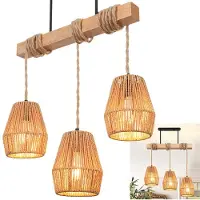 Rosikey Lampe suspendue table à manger en rotin Lampe suspendue salle à manger Lampe en bois vintage Lampe de table à manger suspendue pour îlots de cuisine Salle à manger Salon
