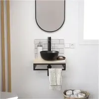 MOB-IN Meuble lave-mains SOHO plan fin p-serviette dessous vasque noire+miroir