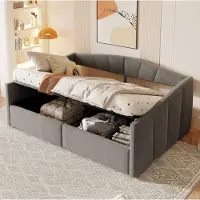Fortuna Lit rembourré Lai Canapé-lit 140*200 cm, avec suspension hydraulique, avec sommier à lattes et accoudoirs, rayures classiques, double polyvalent, tissu velours doux pour la peau, gris
