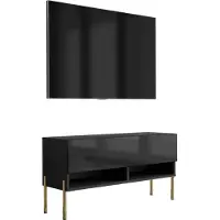 3Xeliving Buffet TV 100 cm noir mat / noir brillant, pieds droits dorés, 100 × 32 × 52 cm