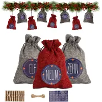 Fiqops Calendrier de l'Avent à remplir Sacs de Noël Décor 24 sacs en tissu rouge/gris