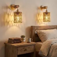 Rosikey 2x Applique murale en rotin boho - Applique murale de ferme tissée à la main pour chambre à coucher, salon et couloir décoratif (douille d'ampoule E27, bois & rotin)