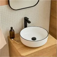 MOB-IN Vasque à poser ronde ALIX en céramique blanche et liseré noir 37cm