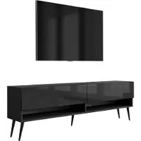 3Xeliving Meuble TV bas de 170 cm, finition noir mat / noir brillant, pieds inclinés noirs