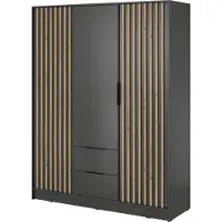 Bettso Elégante armoire à trois portes avec 2 tiroirs pour chambre à coucher Nelly 3D Sans miroir et chêne Artisan lamellé Façades / Graphite