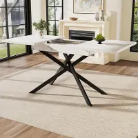 SUCCESS COURIER Table à manger XL à rallonges (120-160 cm) aspect marbre blanc, table de cuisine moderne avec pieds en croix en métal noir, table télescopique pour 4 à 6 personnes