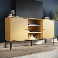 Sonni Armoire TV, Table TV 2 portes, 3 compartiments ouverts, 135 x 35 x 70 cm, Table basse pour TV 60 pouces, Avec passage de câbles Étagère TV, Couleur bois d'origine