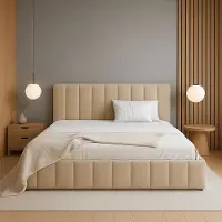 Sofello GUTTO Lit Calouné KARAMELL 140x200, structure à lattes en bois. Couleur : beige. Revêtement : velours. Livré sans sommier et sans espace de rangement