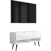 3Xeliving Meuble TV bas de 100 cm, finition blanc mat / blanc brillant, pieds inclinés noirs