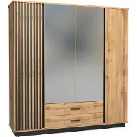 Minio , armoire à portes battantes 197 cm, armoire "Lamia", avec lamelles en MDF, couleur chêne wotan/noir mat