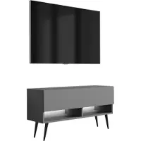 3Xeliving Meuble TV bas de 100 cm, couleur anthracite, pieds inclinés noirs, éclairage LED blanc