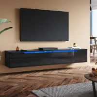 Sonni Armoire TV Noir brillant 180 x 35 x 30cm Équipée d'une bande lumineuse RGB et d'un meuble de rangement Montage mural possible