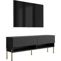 3Xeliving Buffet TV 140 cm noir mat, pieds droits dorés, 140 × 32 × 52 cm