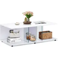 CLIPOP Table basse,120x60x41cm Table de salon,Tables d'appoint brillantes avec séparateurs en verre,blanc