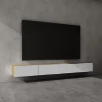 Doporro Meuble TV Bas 280x40,2x30cm Armoire TV Marron Clair + Blanc Mat Table de Télévision Salon avec Portes Meuble TV Suspendu MBTV02