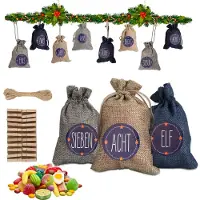Fiqops Calendrier de l'Avent à remplir Noël Sacs Décor 24 sacs en tissu bleu / blanc / gris