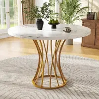 Fortuna Table ronde Lai (80 x 80 x 76 cm), table ronde légère et luxueuse pour 4 à 6 personnes, adaptée à la salle à manger et au salon, plateau en MDF marbré, pieds dorés