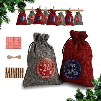 VINGO 24 Calendriers de l'Avent à remplir Sacs en tissu Noël Sacs cadeaux avec autocollants Mini pinces en bois Cordes de chanvre Calendrier de Noël Sacs cadeaux 14 x 10 cm£Rouge/Gris£
