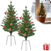 UISEBRT 2 pièces 76cm Arbre de Noël avec support de poteau, compact, Arbre de Noël artificiel PE avec 30 LED blanc chaud, pommes de pin & baies rouges pour Noël