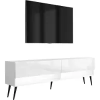 3Xeliving Meuble TV bas de 170 cm, finition blanc mat / blanc brillant, pieds inclinés noirs, éclairage LED blanc