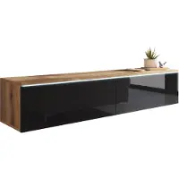 MINIO go for it , Meuble bas TV, Armoire TV "DONNA", 140cm, fixe, suspendu, avec éclairage LED, Chêne Wotan/ Noir brillant couleur