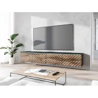 MINIO go for it Minio, armoire TV, buffet TV "Donna" 180 cm, debout, suspendu, LED, façade MDF avec motif Herringbone, noir graphite/couleur chêne Wotan