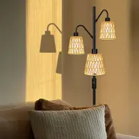 Rosikey Lampadaire bohème à 3 lumières avec abat-jours en rotin, 175 cm, style vintage, dimmable, style industriel, pour salon, chambre ou bureau, avec 3 ampoules LED incluses