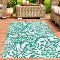 Carpetia Tapis d'extérieur imperméable au design tropical de couleur pétrole Taille - 240 x 340 cm