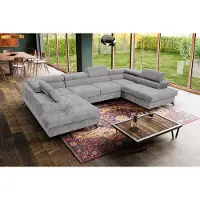 MargaretHadas24 Canapé d'angle en U Palermo avec fonction couchage Rangement pour literie 345 x 202 cm Grand canapé Appuie-tête réglables Canapé XXL, 5 places gris clair