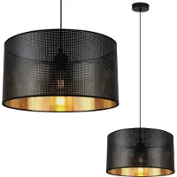 Light11 HOME Asti Lampe À Suspendre Noire 1 Abat-Jour Plat Noir-Or 35 Cm