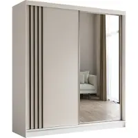 MargaretHadas24 Armoire Neli de 200 cm avec lamelles et miroir, comprenant 2 portes coulissantes Armoire à portes coulissantes (couleur : blanc, blanc, lamelles noires)
