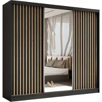 MargaretHadas24 Armoire Erika de 240 cm avec lamelles et miroir, 3 portes coulissantes, penderie, livraison à domicile (couleur : noir, noir, lamelles Artisan)