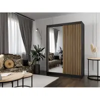 MargaretHadas24 Armoire Lili à lamelles 150 cm avec 2 portes coulissantes Armoire à portes coulissantes Tringle à vêtements Penderie Armoire Livraison à domicile (couleur : noir, noir, lamelles wotan, miroir)