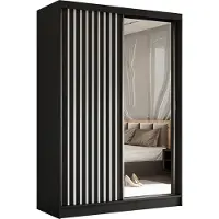 MargaretHadas24 Armoire Erika de 150 cm avec lamelles et miroir, 2 portes coulissantes, penderie, patères, livraison à domicile (couleur : noir, noir, lamelles blanches)