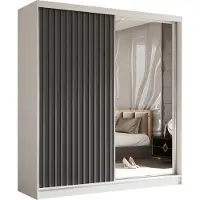 MargaretHadas24 Armoire Erika de 200 cm avec lamelles et miroir, 2 portes coulissantes incluses Armoire à portes coulissantes (couleur : blanc, gris, lamelles grises)