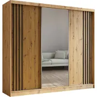 MargaretHadas24 Armoire Neli de 240 cm avec lamelles et miroir, 3 portes coulissantes Armoire à portes coulissantes (couleur : Artisan, Artisan, lamelles noires)