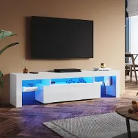Sonni Armoire TV Blanc brillant 180 x 39 x 30cm Équipée d'une bande lumineuse RGB et d'un meuble de rangement