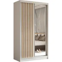 MargaretHadas24 Armoire Erika de 120 cm avec lamelles et miroir, comprenant 2 portes coulissantes, penderie, tringle à vêtements, livraison à domicile (couleur : blanc, blanc, lamelles Artisan)