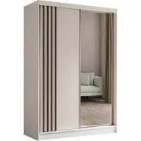MargaretHadas24 Armoire Neli de 150 cm avec lamelles et miroir, comprenant 2 portes coulissantes Armoire à portes coulissantes (couleur : blanc, blanc, lamelles noires)