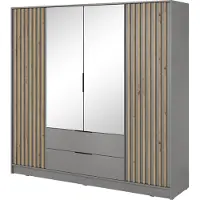 Bettso Elégante armoire à 4 portes avec 2 grands tiroirs pour chambre à coucher Nelly 4D avec miroir et façades en lamelles de chêne Artisan / Gris