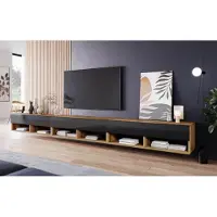 MINIO go for it , Armoire TV, Lowboard "ANNE", 300cm, debout, suspendu, avec éclairage LED, Chêne Wotan / Noir brillant couleur