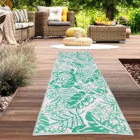 Carpetia Tapis d'extérieur imperméable au design tropical de couleur pétrole Taille - 90 x 300 cm