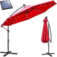 Izrielar Parasol 3,5 m rouge avec éclairage LED, parasol de jardin avec manivelle, protection solaire UV 50+, inclinable et résistant aux intempéries, pied en croix inclus