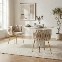 LVHOM Chaise de salle à manger velours chaise de salon set de 2 chaises rembourrées style tressé, chaise de salle à manger, cadre métallique doré, Ivory